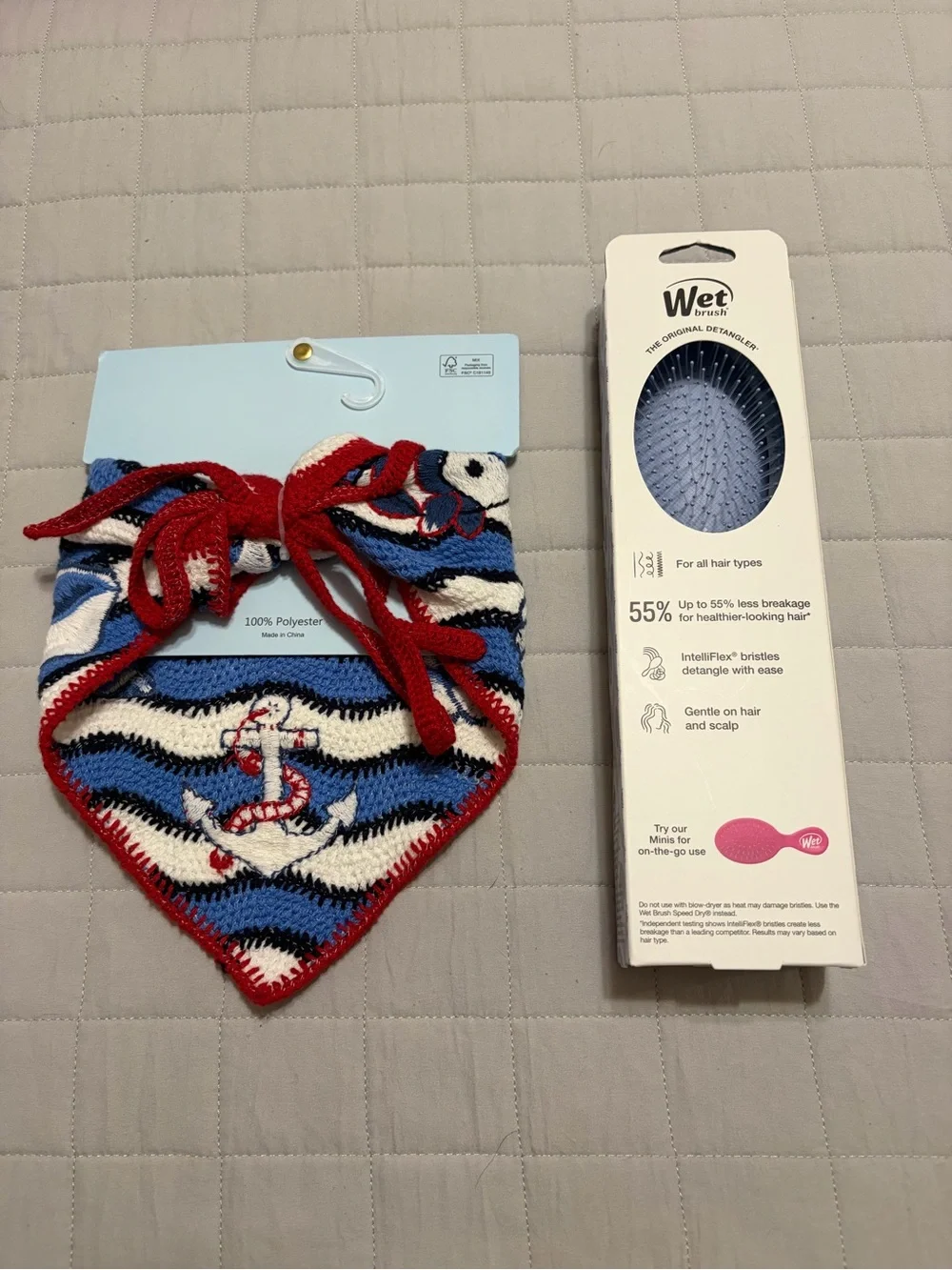 2 pc Set - Piper K Blue & White Nautical Knit Bandana Bib and Wet Brush